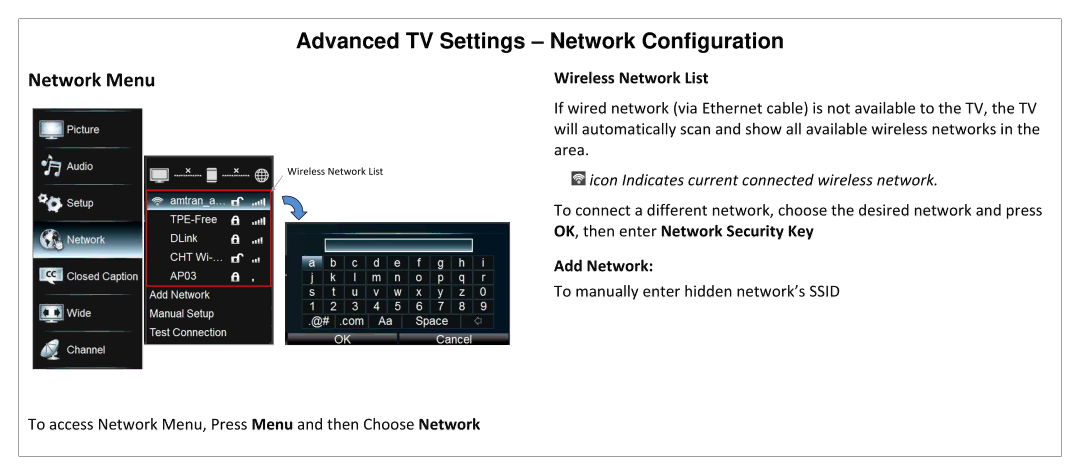 JVC SL42B-C manual Advanced TV Settings Network Configuration, Network Menu, Wireless Network List, Add Network 