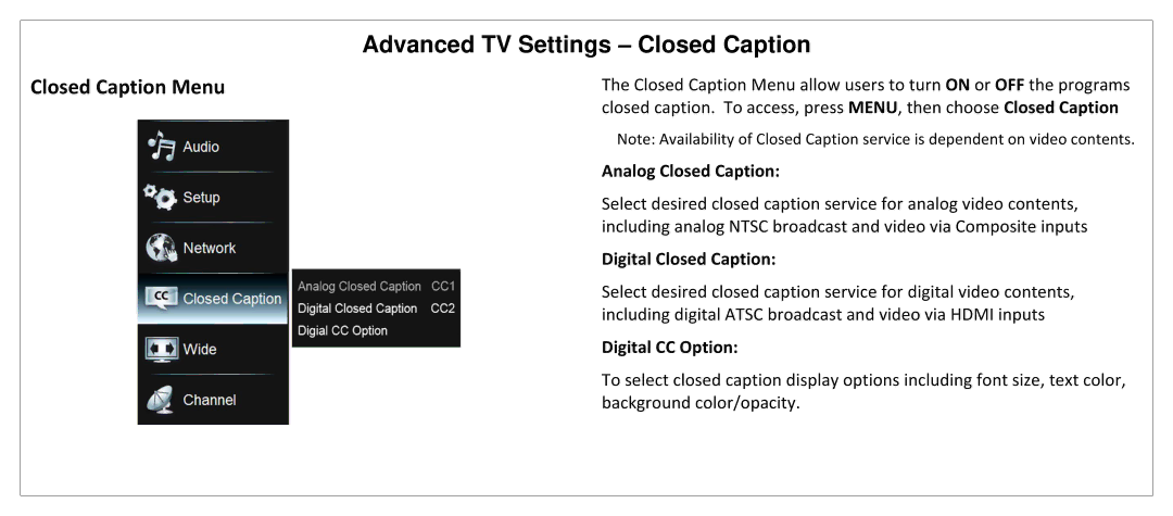 JVC SL42B-C manual Advanced TV Settings Closed Caption, Closed Caption Menu, Analog Closed Caption, Digital Closed Caption 