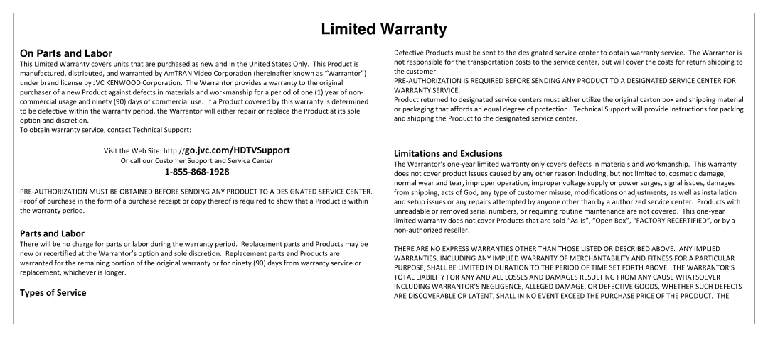 JVC SL42B-C manual Limited Warranty, On Parts and Labor 