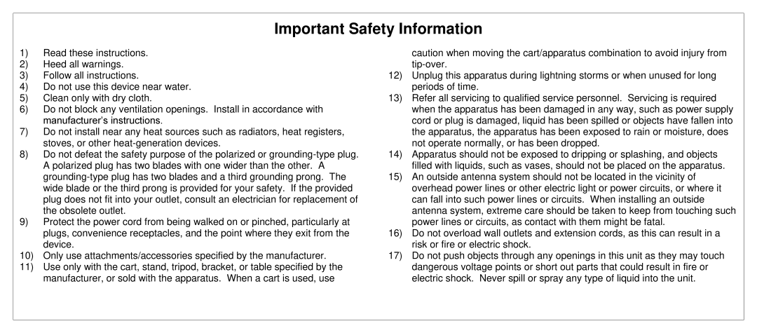 JVC SL42B-C manual Important Safety Information 