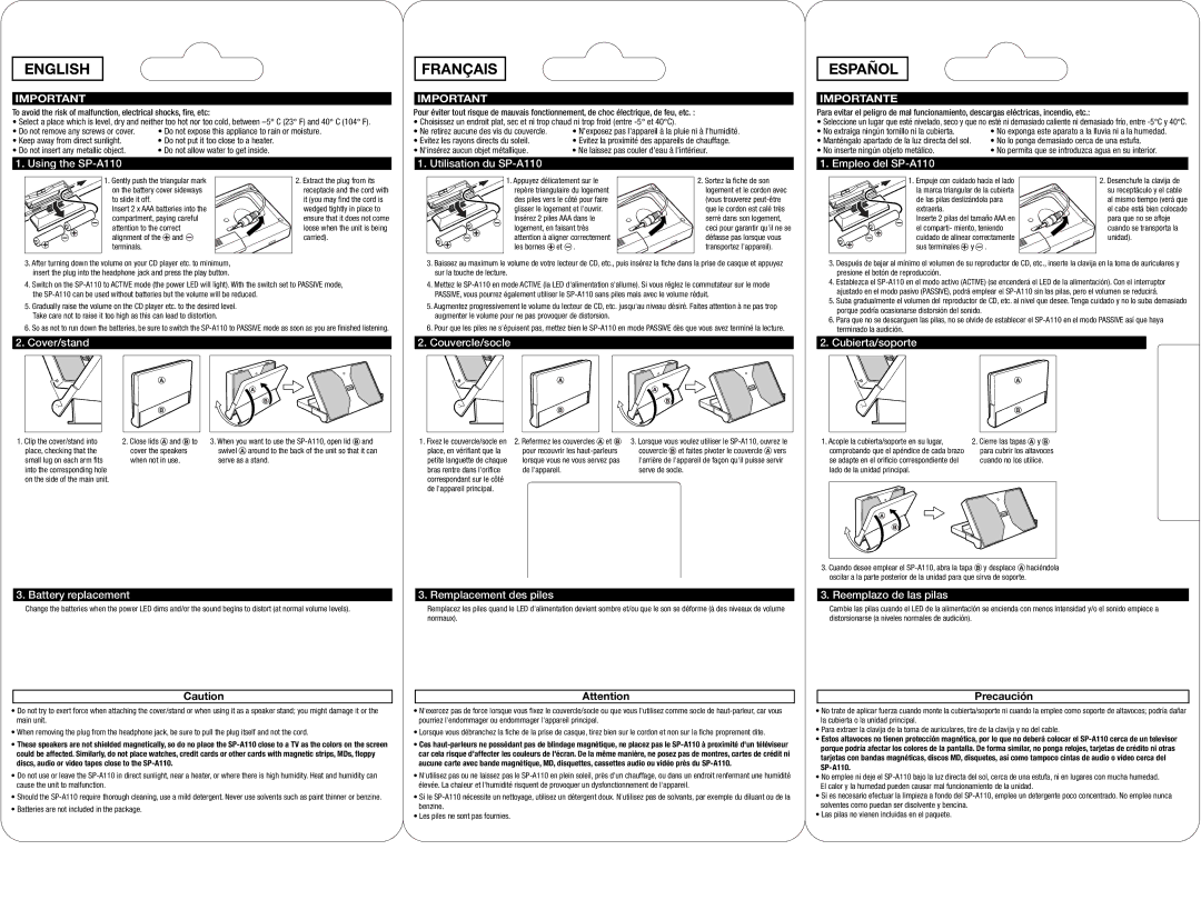 JVC SP-A110 specifications English, Français, Español 