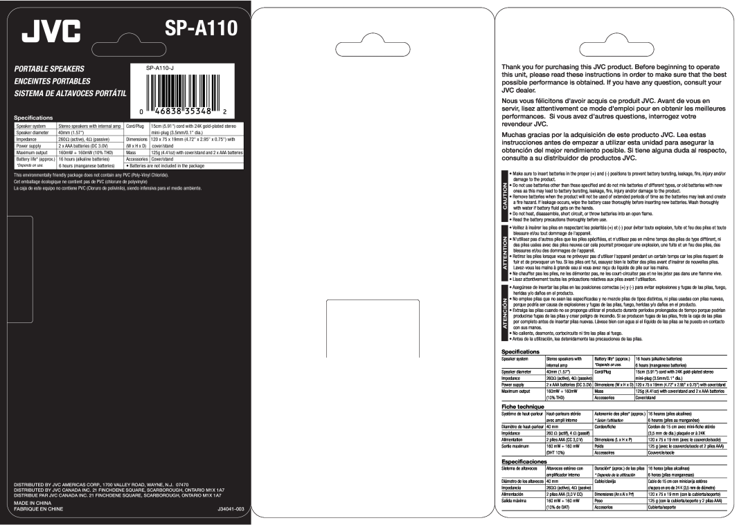 JVC SP-A110 specifications Portable Speakers Enceintes Portables, Sistema De Altavoces Portátil, Specifications 