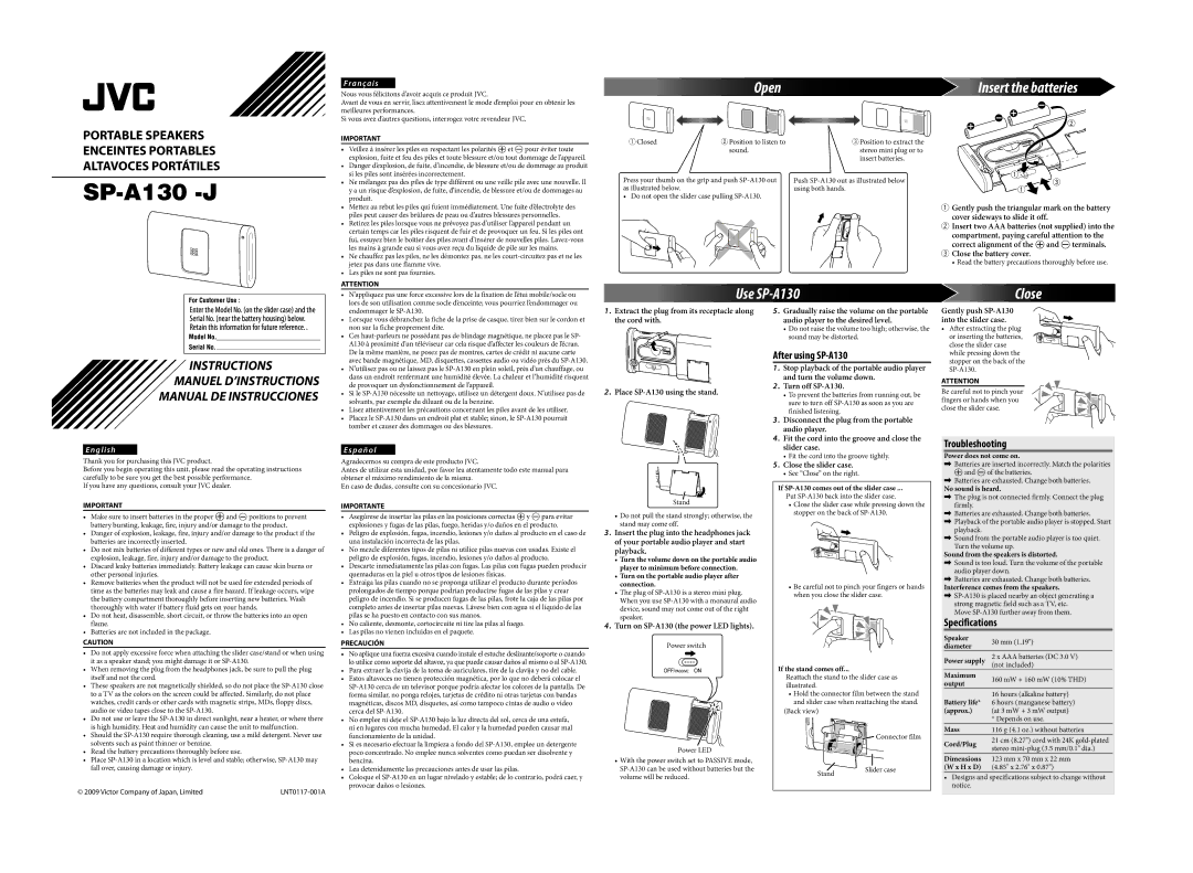 JVC LNT0123-001A, SP-A130-E, SP-A130-J specifications SP-A130 -J, Open, Use SP-A130 