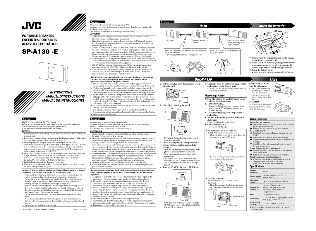 JVC SP-A130-E SP-A130 -E, Bicyclette. Cela pourrait provoquer un accident, Without batteries, Mini-plug 3.5 mm dia 