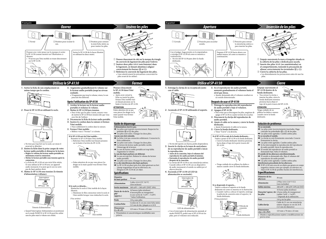 JVC LNT0123-001A Inserte dos pilas AAA no suministradas en, Si le socle se détache, Pile, Si se desprende el soporte 