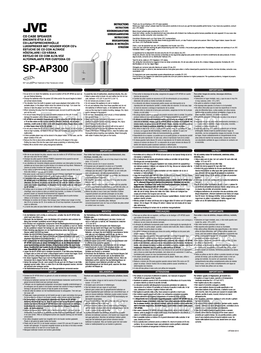 JVC SP-AP300 manual English, Português, Nederlands, Cd Case Speaker, Enceinte-Étuià Cd Cd-Lautsprecherhülle, Instructions 