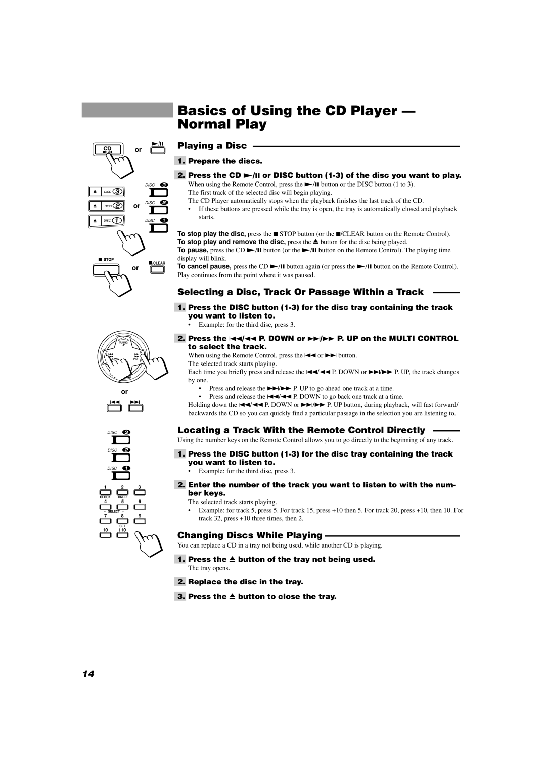 JVC SP-D302 Basics of Using the CD Player Normal Play, Playing a Disc, Selecting a Disc, Track Or Passage Within a Track 