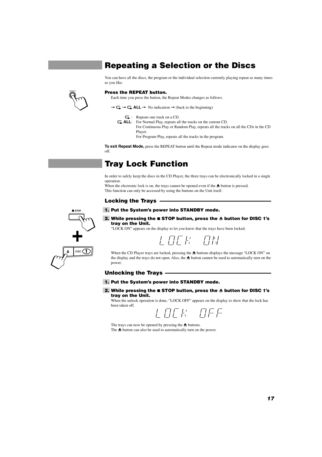 JVC SP-D302 manual Repeating a Selection or the Discs, Tray Lock Function, Locking the Trays, Unlocking the Trays 