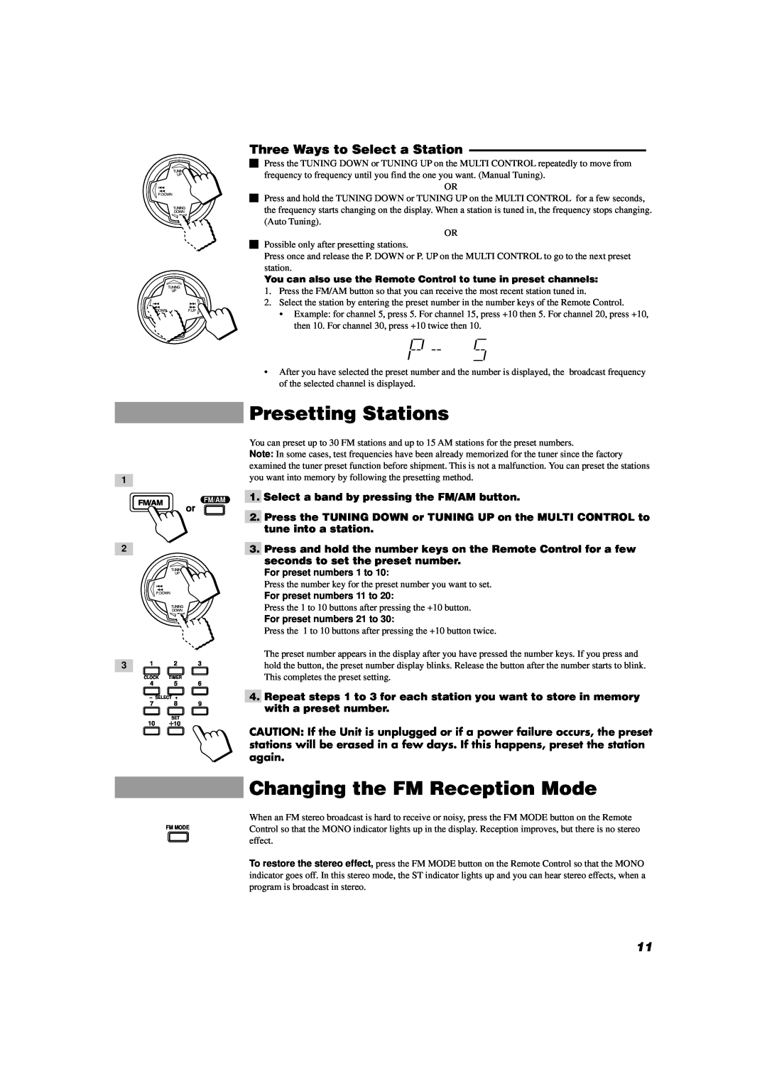 JVC SP-D302 manual Presetting Stations, Changing the FM Reception Mode, Three Ways to Select a Station 