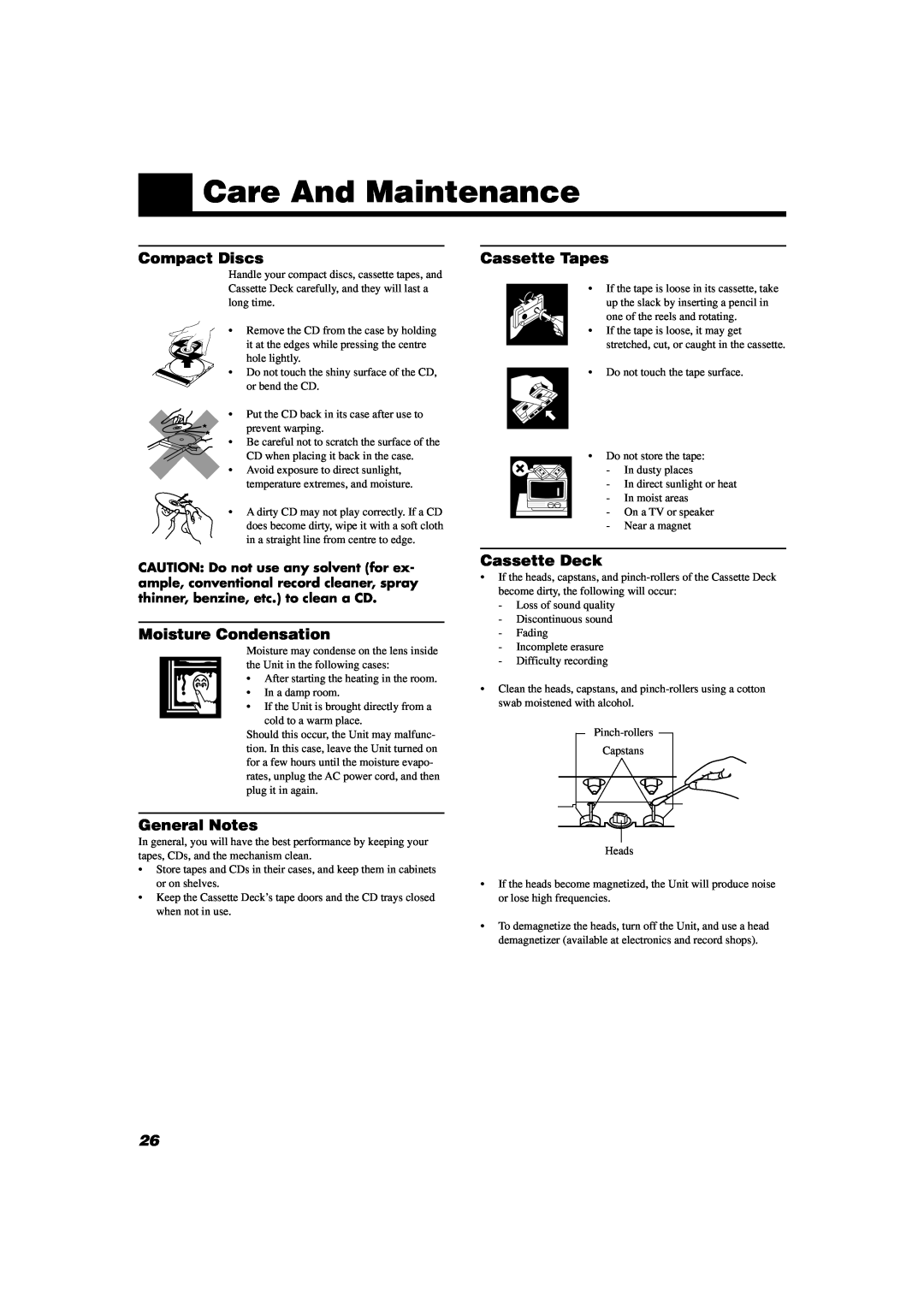 JVC SP-D302 manual Care And Maintenance, Compact Discs, Moisture Condensation, General Notes, Cassette Tapes, Cassette Deck 