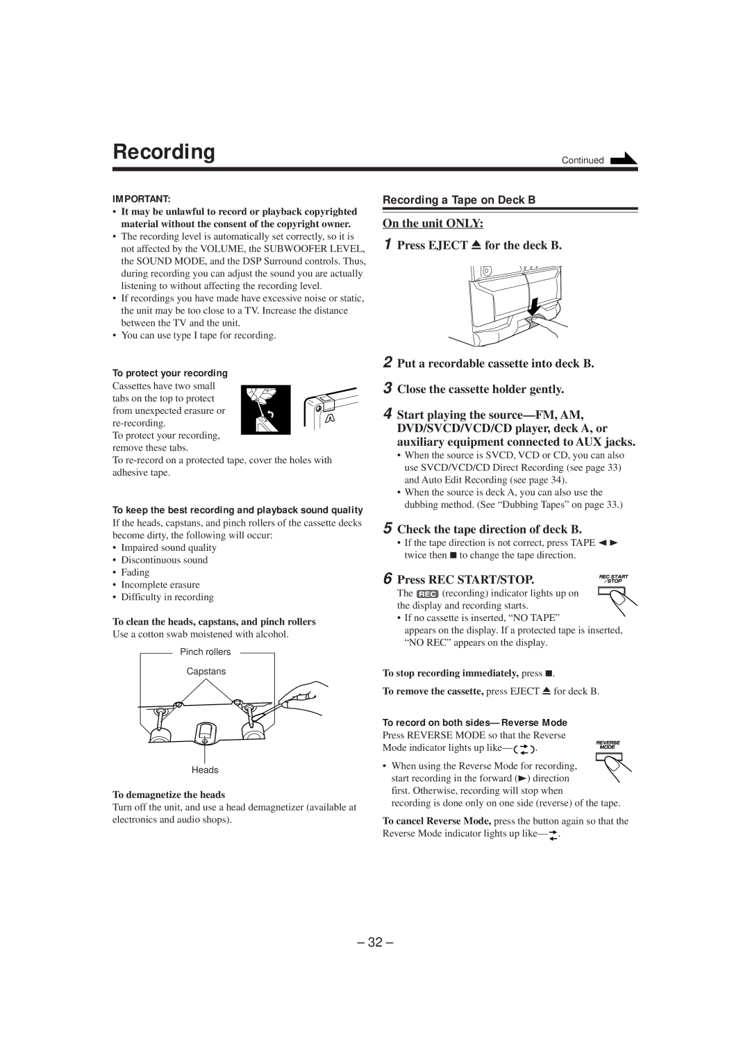 JVC GVT0057-016A manual Recording a Tape on Deck B, On the unit only Press Eject 0 for the deck B, Press REC START/STOP 