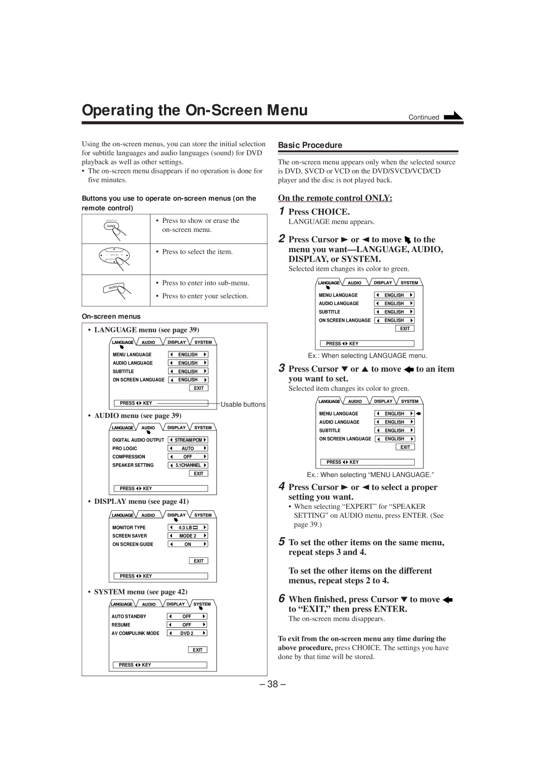 JVC GVT0057-016A, SP-DSC99TN manual Operating the On-Screen Menu, Basic Procedure, On the remote control only Press Choice 