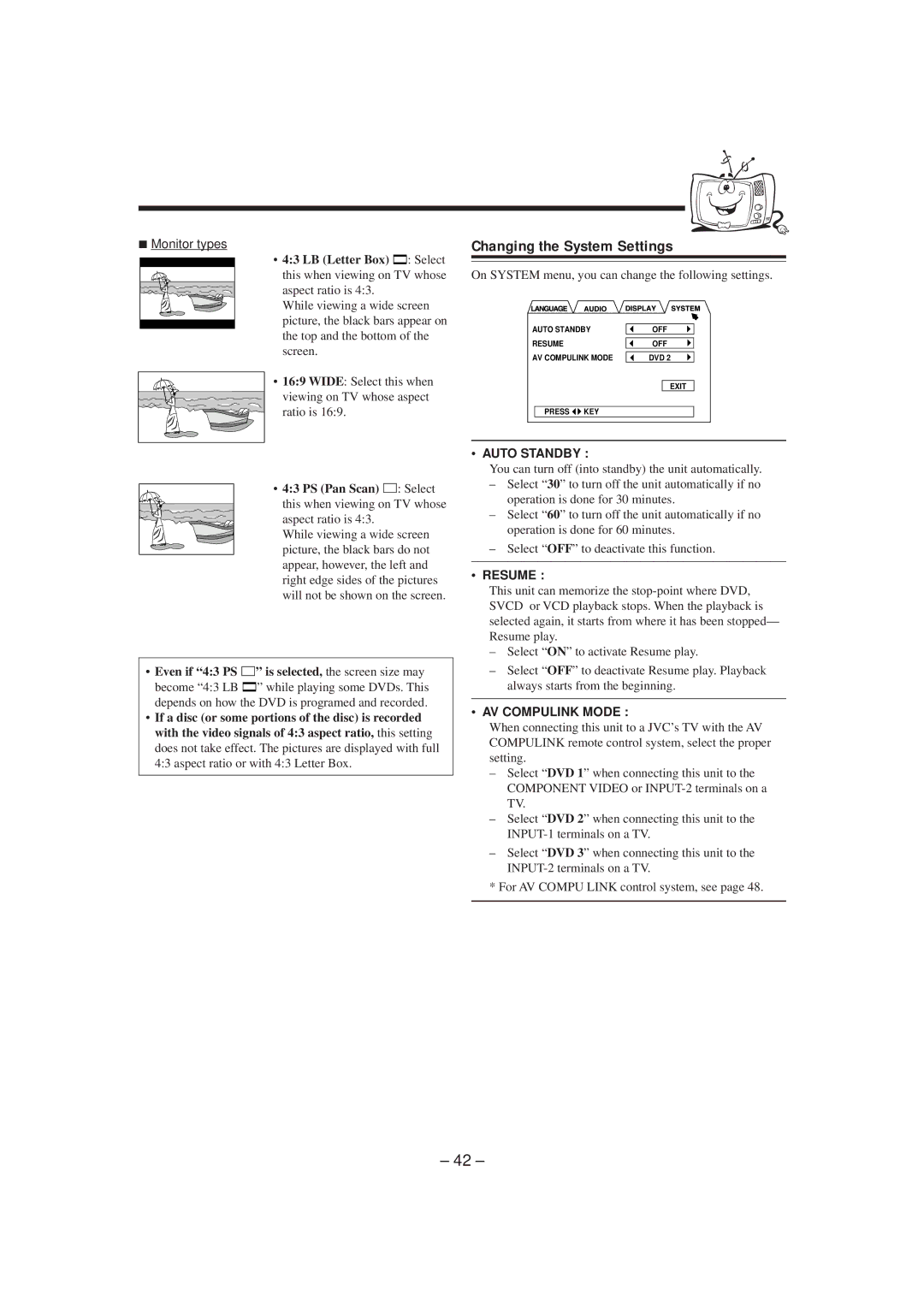 JVC GVT0057-016A manual Changing the System Settings, Even if 43 PS is selected, the screen size may, Auto Standby, Resume 