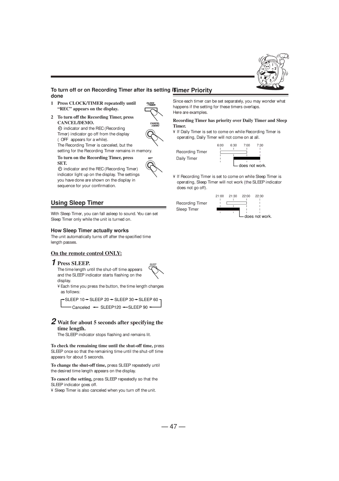 JVC SP-DSC99TN, GVT0057-016A manual Using Sleep Timer, Timer Priority, On the remote control only Press Sleep 