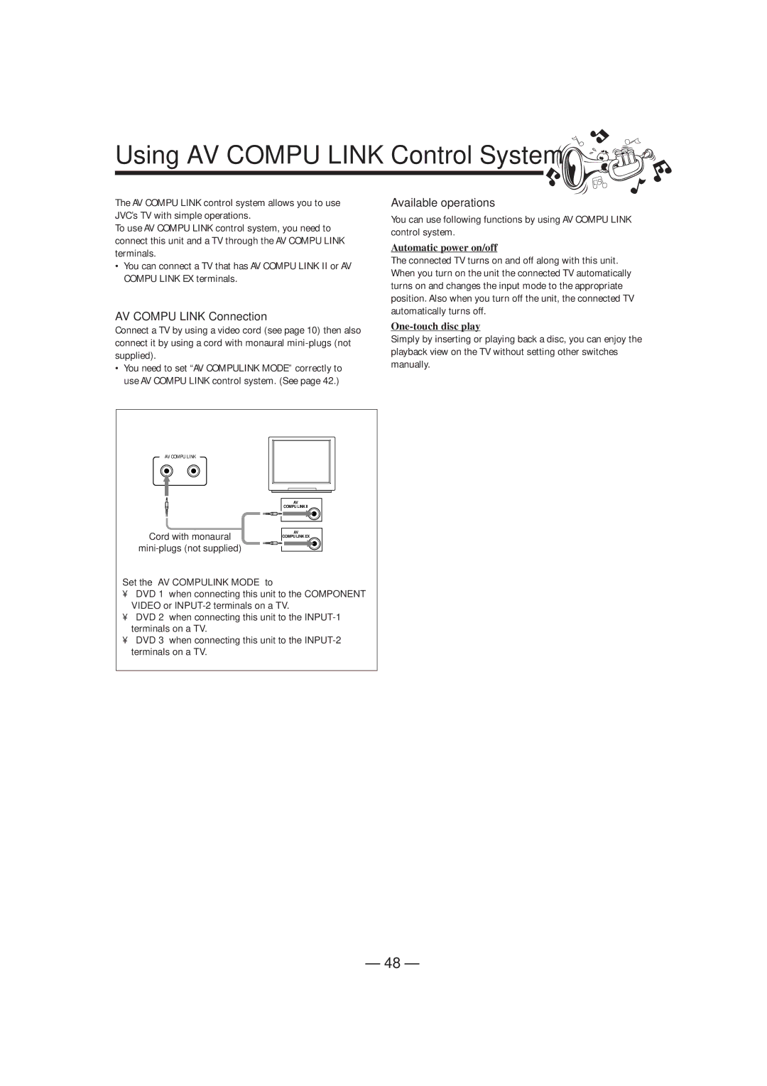 JVC GVT0057-016A Using AV Compu Link Control System, AV Compu Link Connection, Available operations, One-touch disc play 