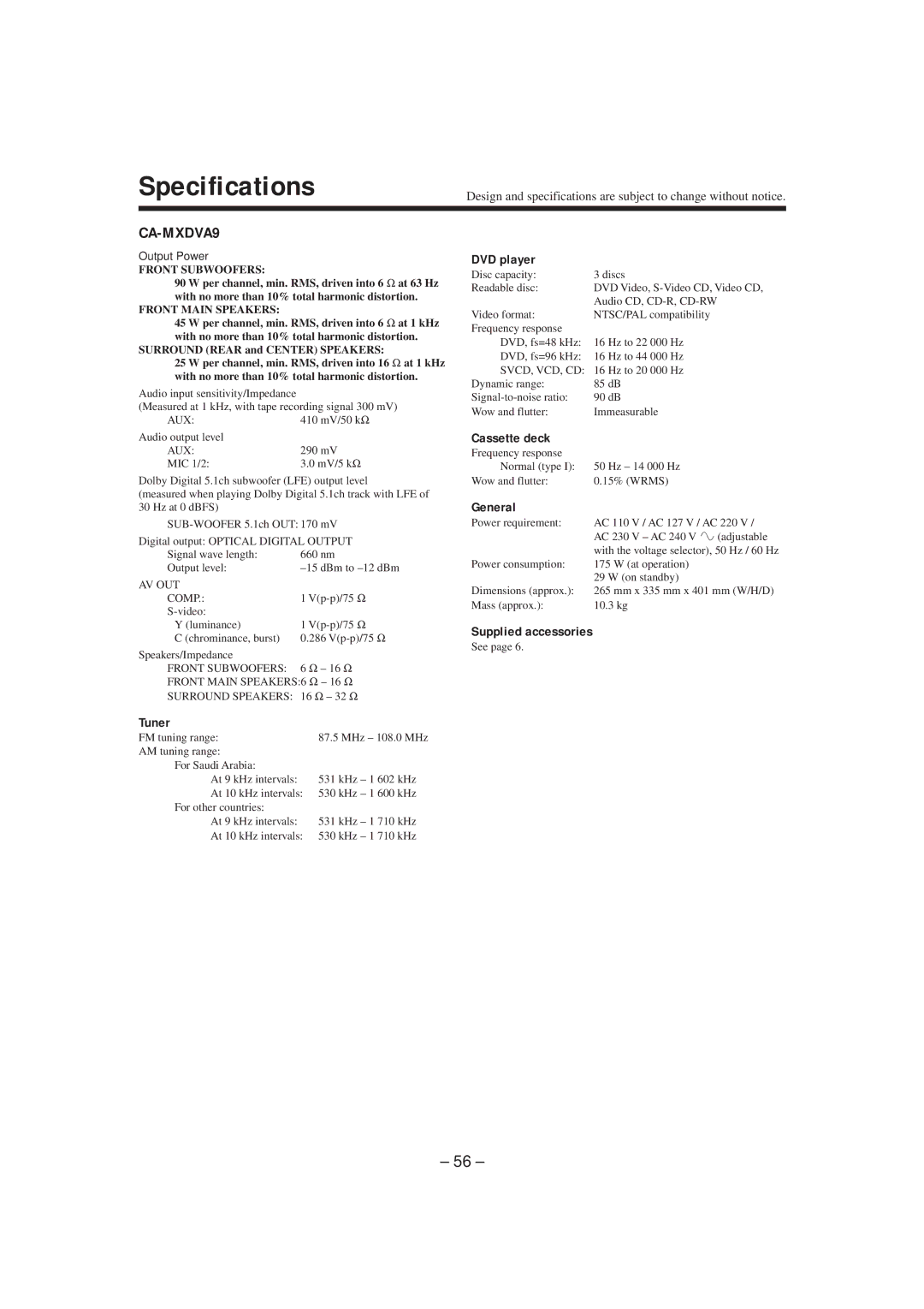 JVC GVT0057-016A, SP-DSC99TN manual Specifications 