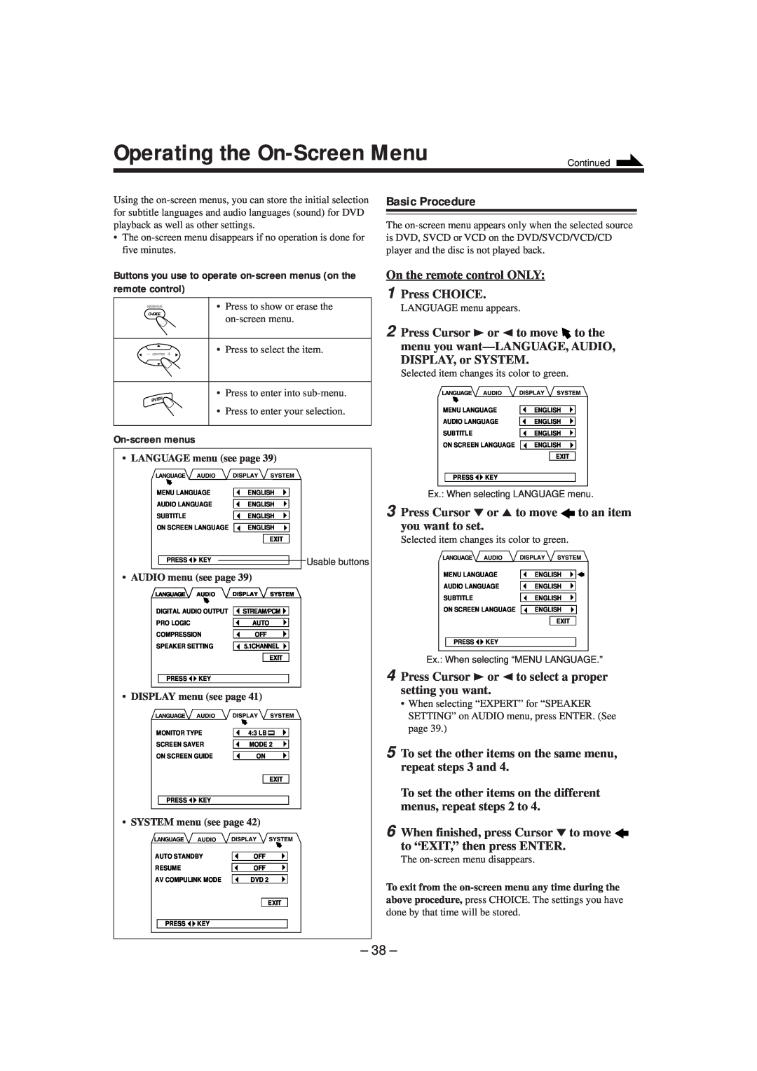 JVC GVT0057-016A, SP-DSC99TN manual Operating the On-ScreenMenu, Basic Procedure 
