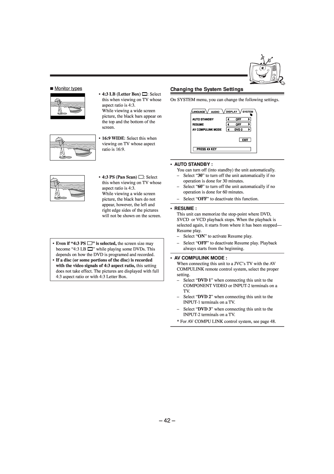 JVC GVT0057-016A, SP-DSC99TN manual Changing the System Settings, Auto Standby, Resume, Av Compulink Mode 