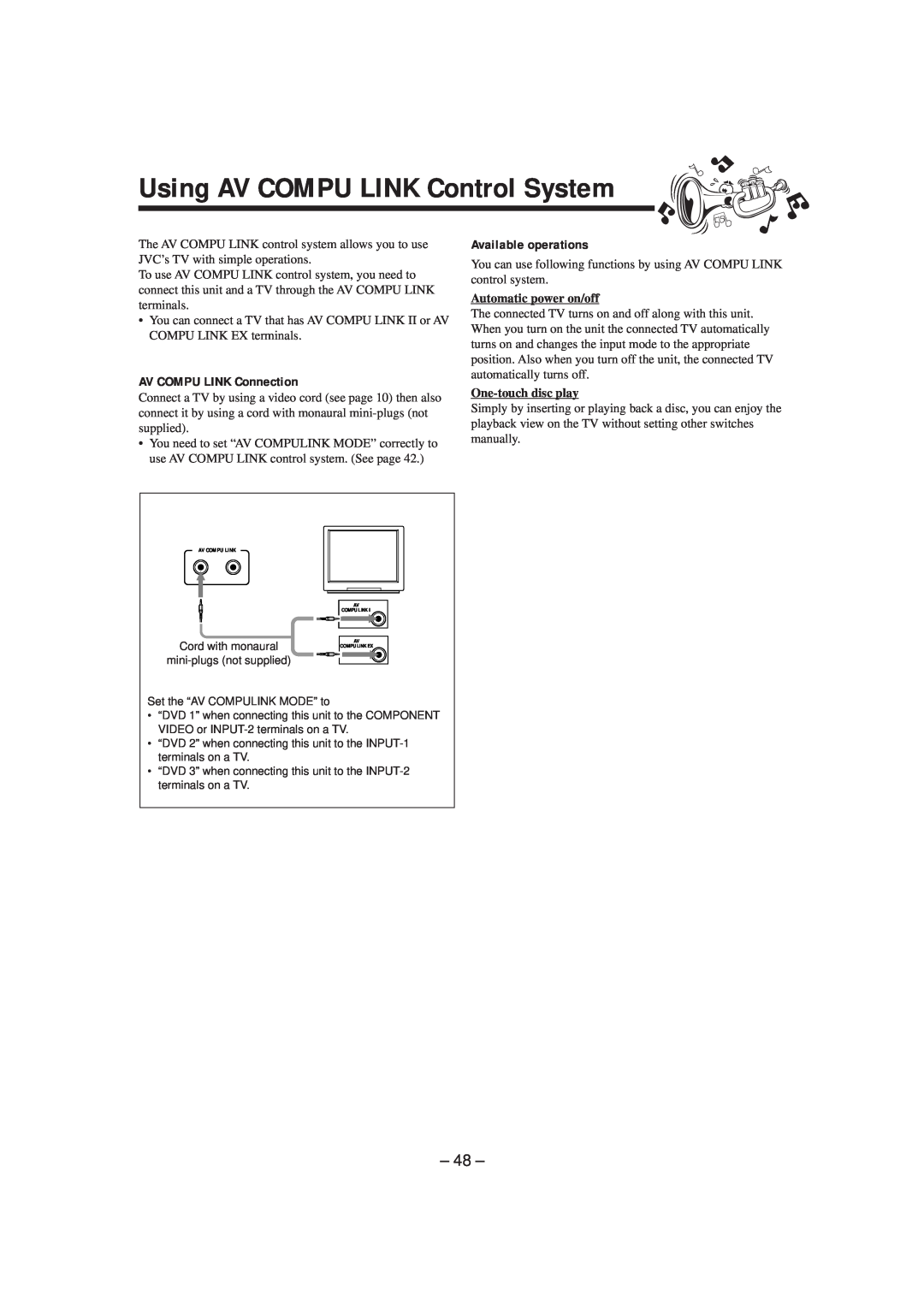 JVC GVT0057-016A Using AV COMPU LINK Control System, AV COMPU LINK Connection, Available operations, One-touchdisc play 