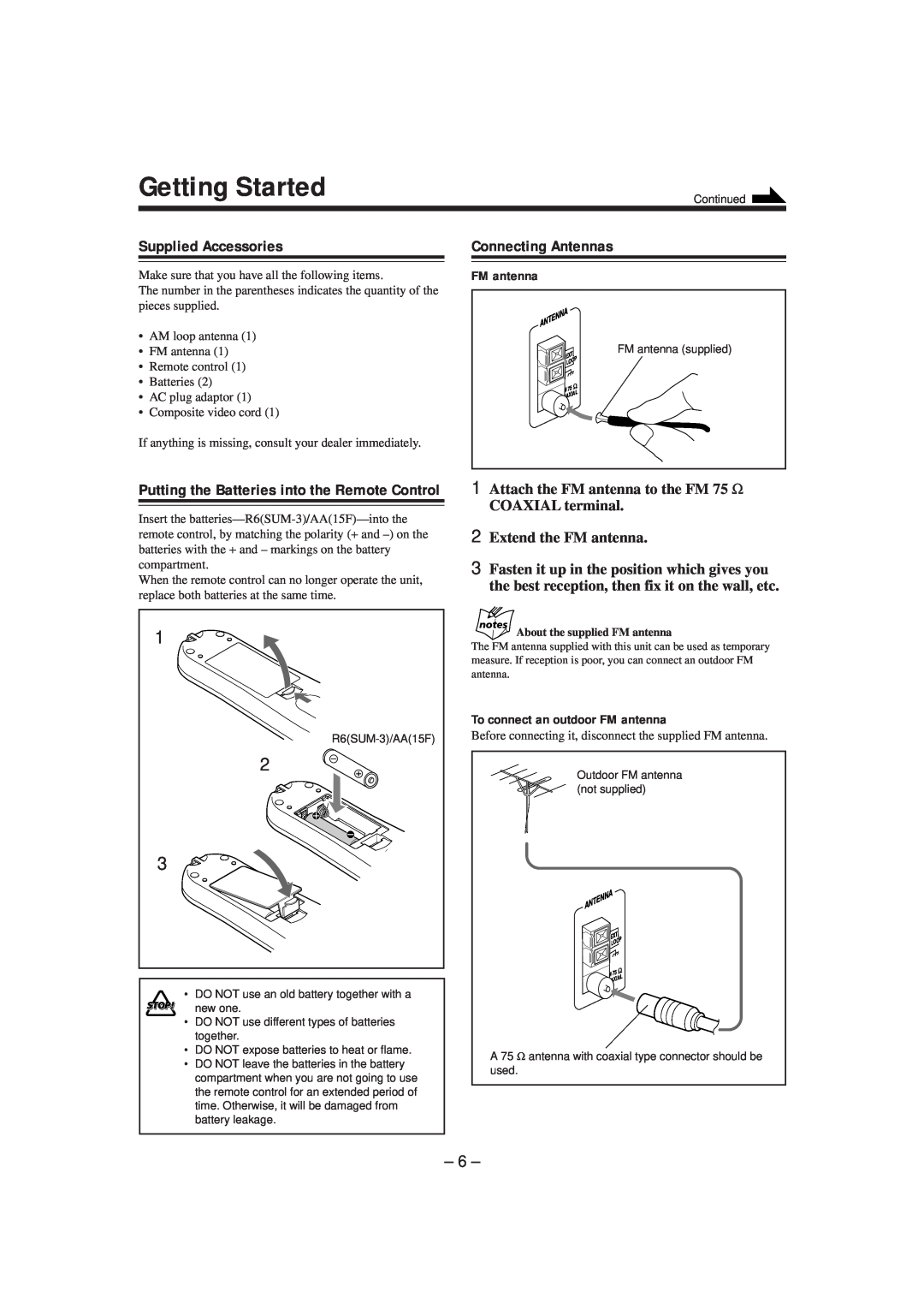 JVC GVT0057-016A manual Getting Started, Supplied Accessories, Connecting Antennas, To connect an outdoor FM antenna 