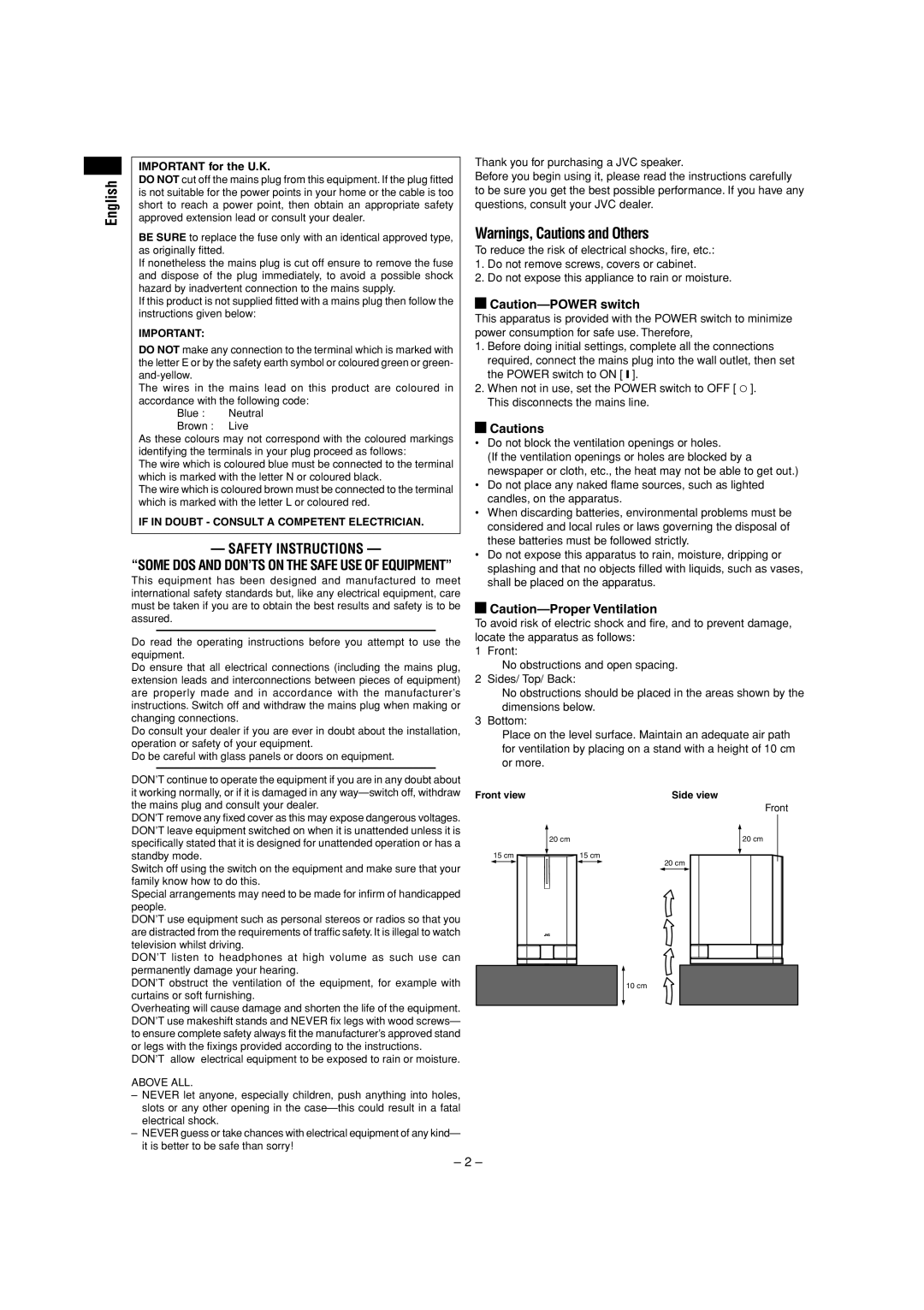 JVC SP-DW103 manual English, Important for the U.K, Front view Side view 