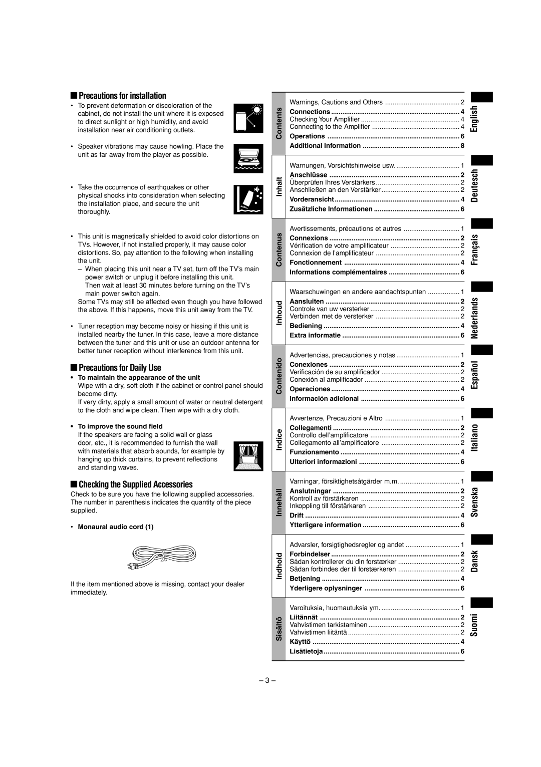 JVC SP-DW103 Precautions for installation, Precautions for Daily Use, Checking the Supplied Accessories, Inhalt, Inhoud 