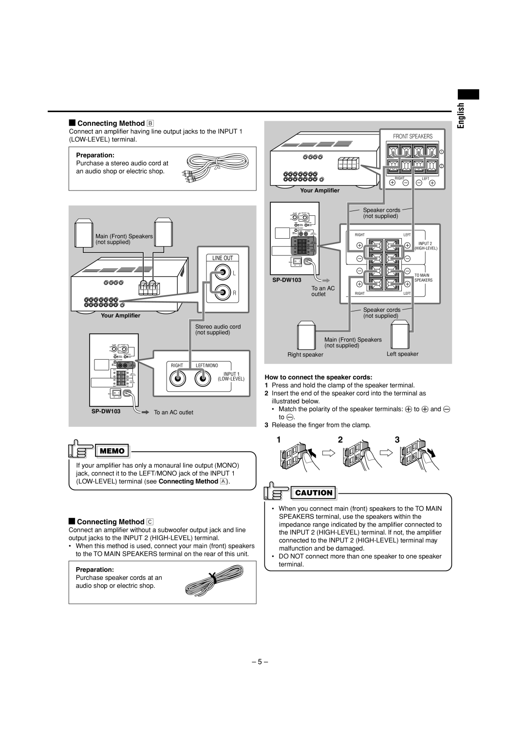 JVC SP-DW103 manual Connecting Method ı, Connecting Method Ç, How to connect the speaker cords 