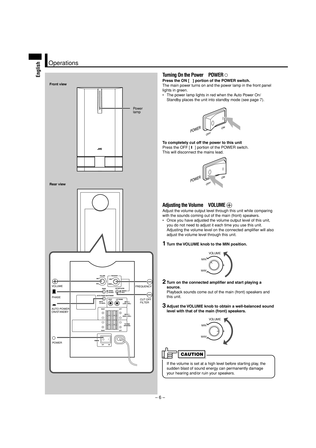 JVC SP-DW103 manual Operations, Turning On the Power-POWER Å, Adjusting the Volume-VOLUME ı 