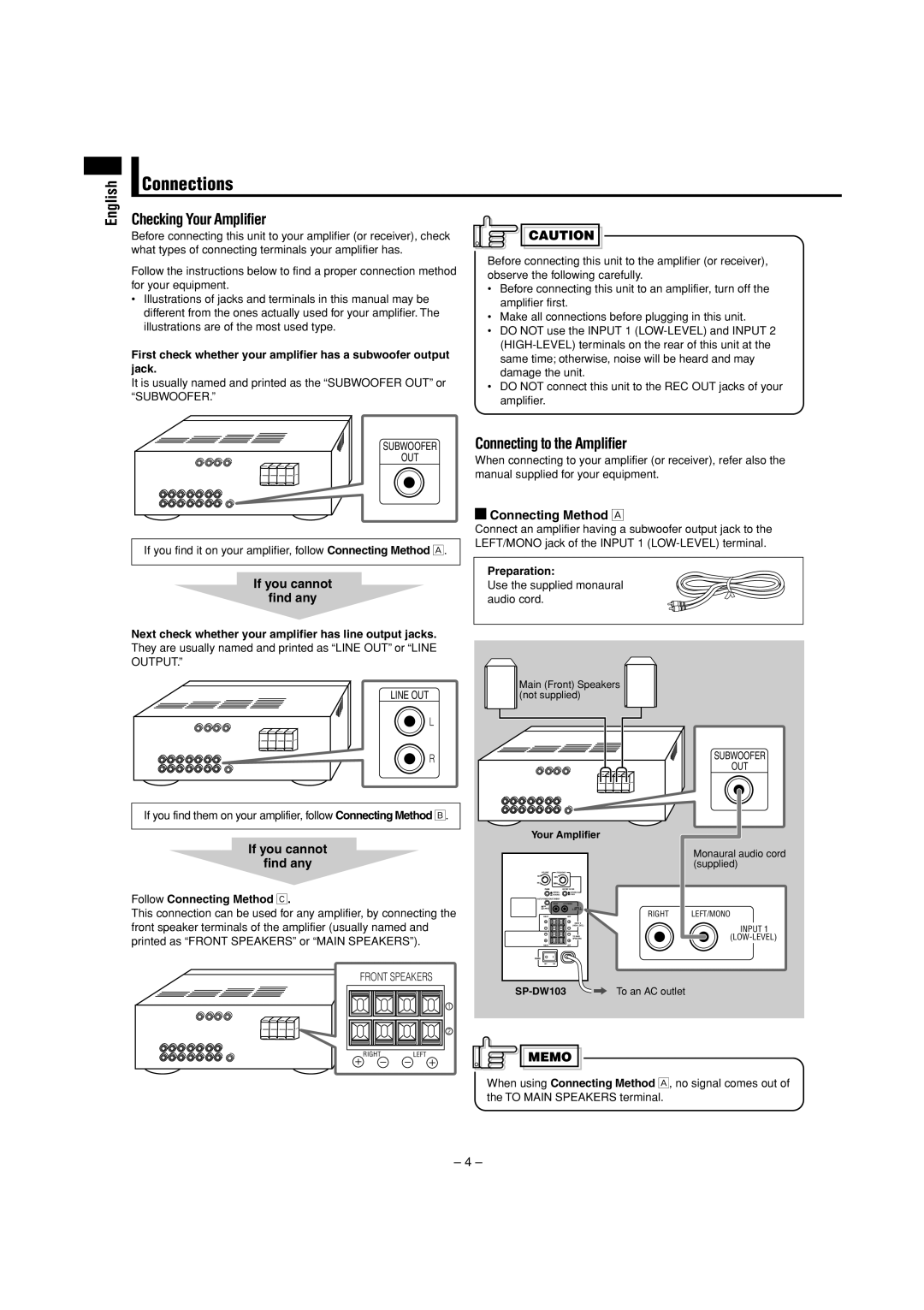 JVC SP-DW103 manual Connections, Checking Your Amplifier, Connecting to the Amplifier, English 