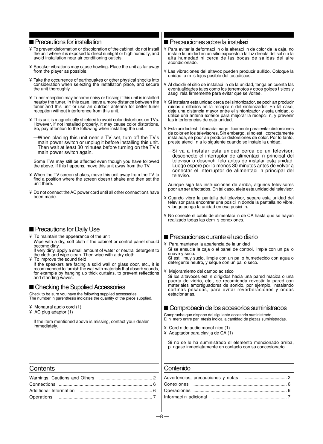 JVC SP-DWF10 manual Precautions for installation, Precautions for Daily Use, Checking the Supplied Accessories 