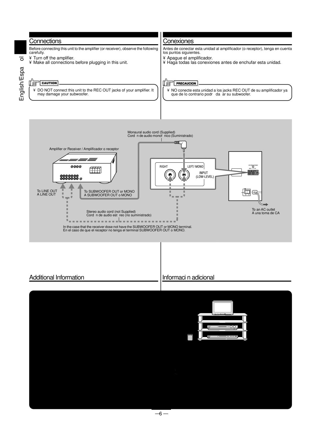 JVC SP-DWF10 manual Connections, Conexiones, Additional Information Información adicional 