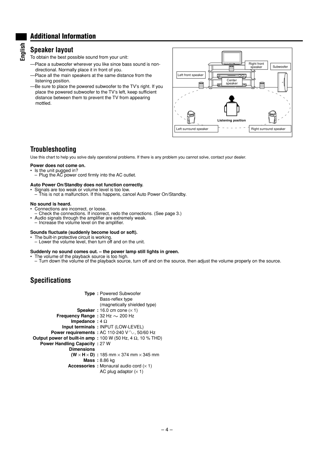 JVC SP-DWF10 manual Additional Information 