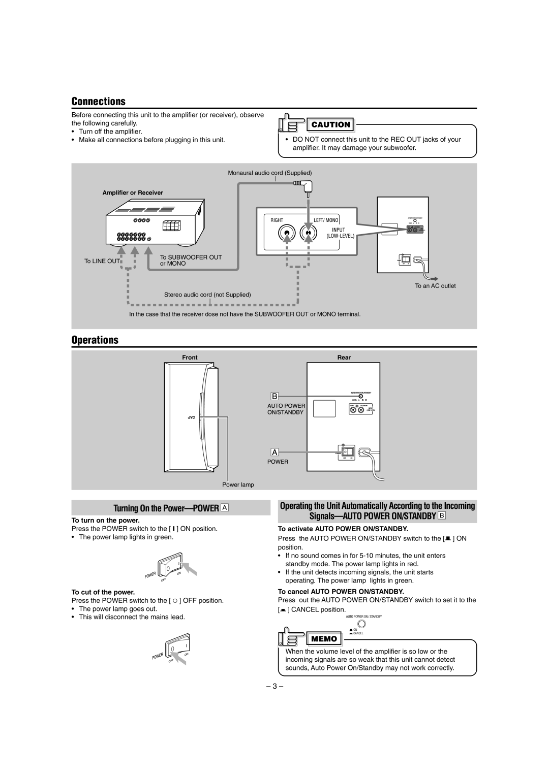 JVC SP-DWF10 manual To turn on the power, To cut of the power, To cancel Auto Power ON/STANDBY 