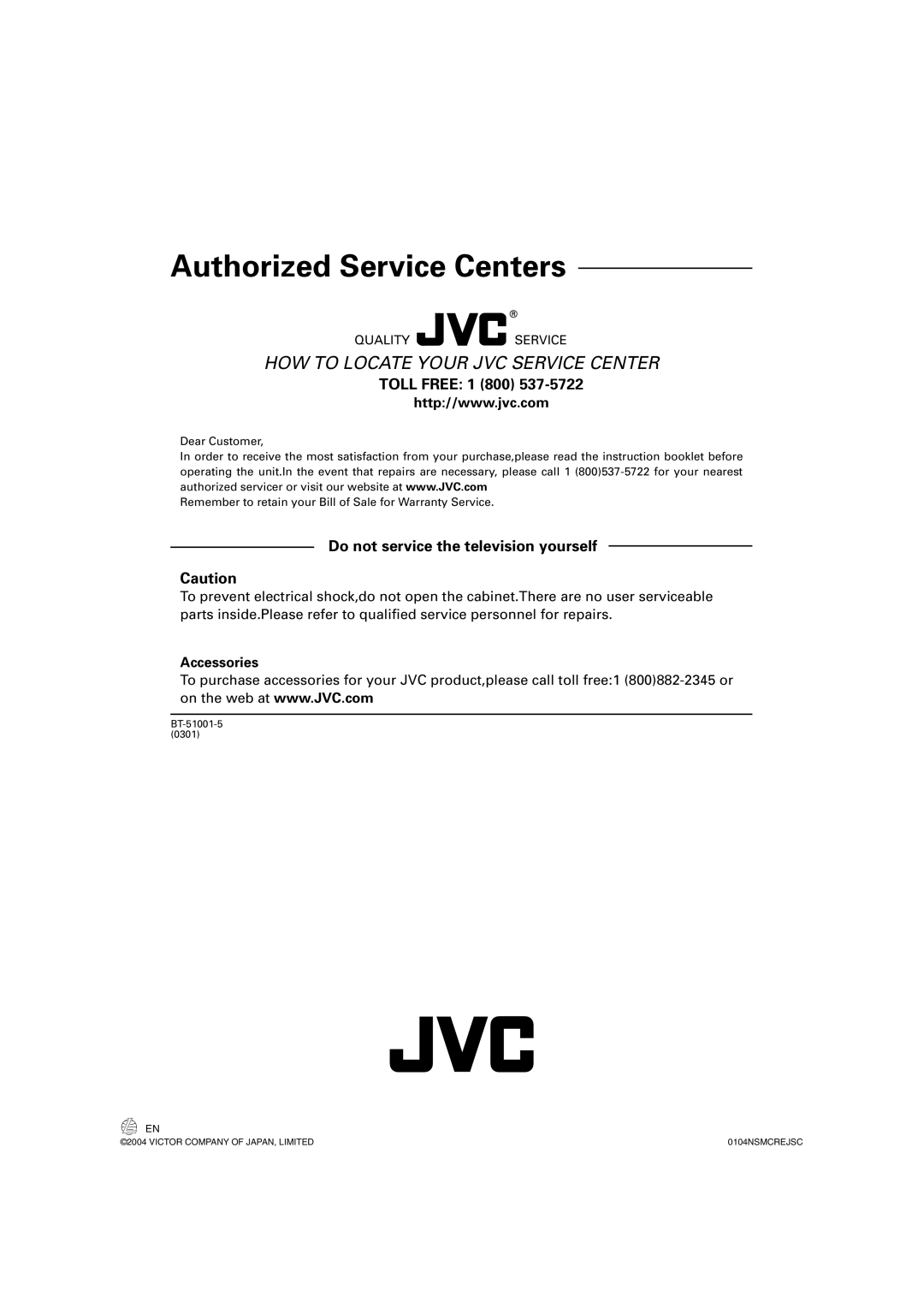 JVC SP-DWF10 manual Authorized Service Centers 