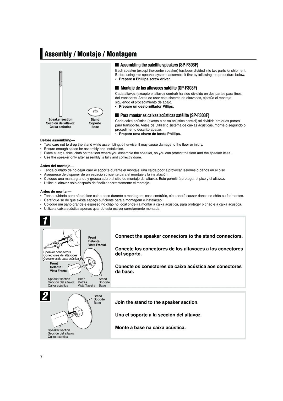 JVC manual Assembly / Montaje / Montagem, Assembling the satellite speakers SP-F303F 