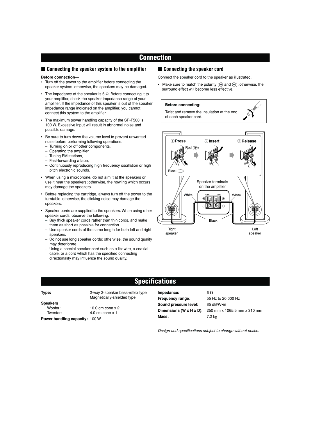 JVC SP-F508 manual Connection, Specifications, Connecting the speaker cord 