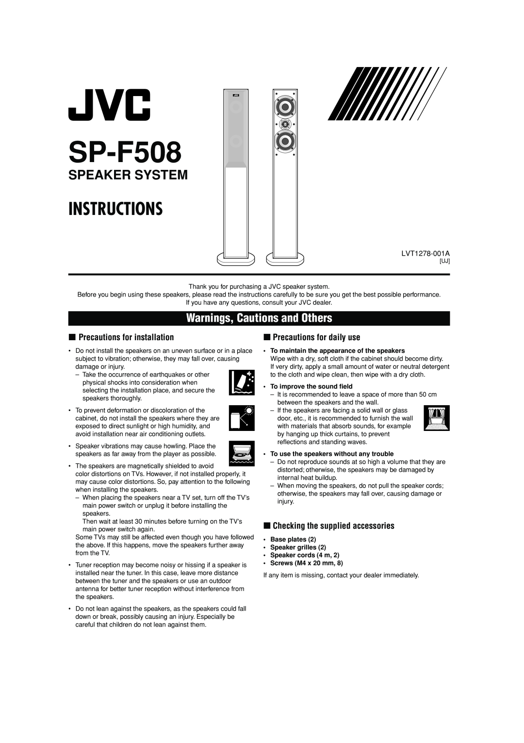 JVC SP-F508 manual Speaker System, Warnings, Cautions and Others, 7Precautions for installation, Instructions 