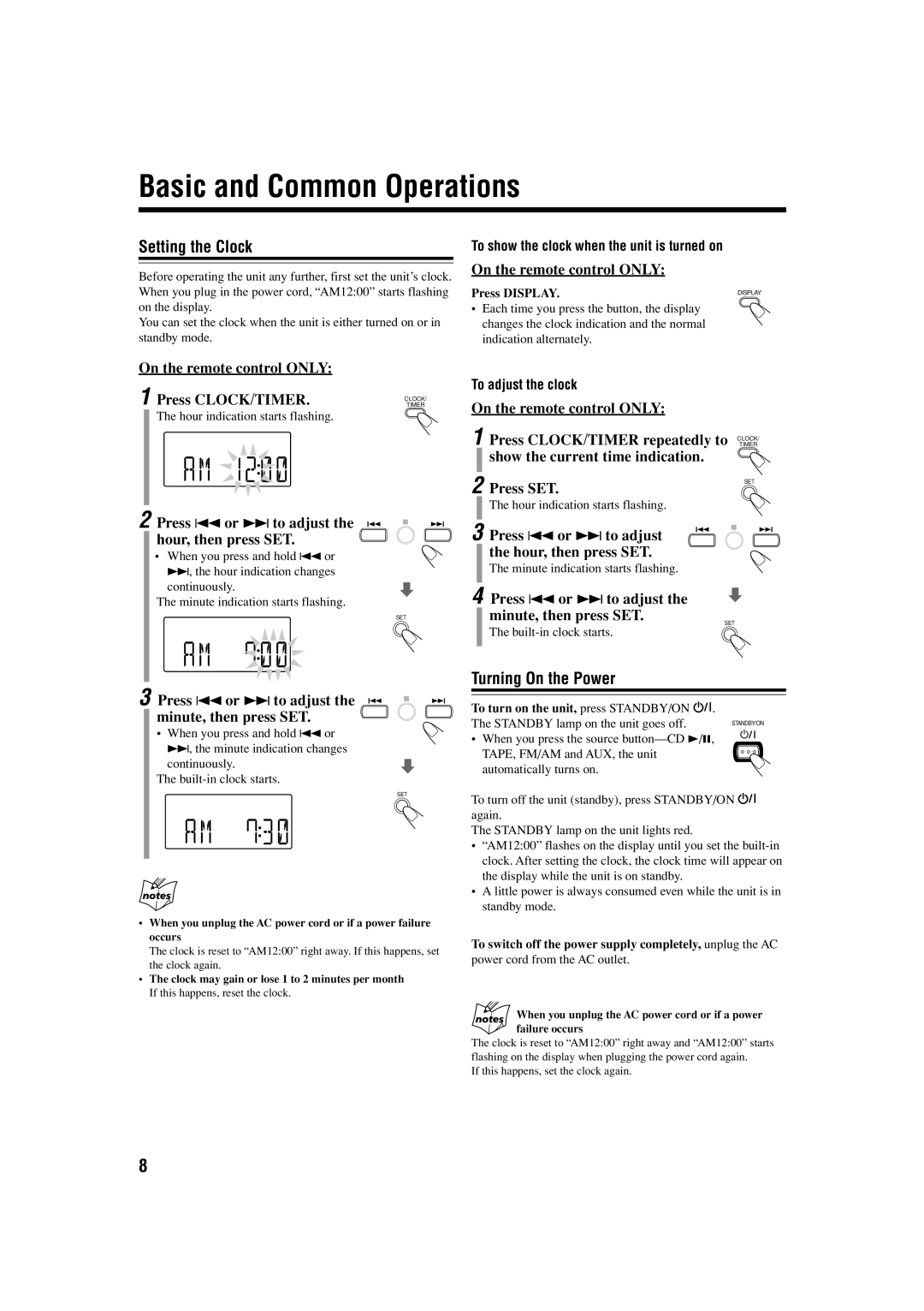 JVC FS-H100, SP-FSH100, CA-FSH100 manual Basic and Common Operations, Setting the Clock, Turning On the Power 