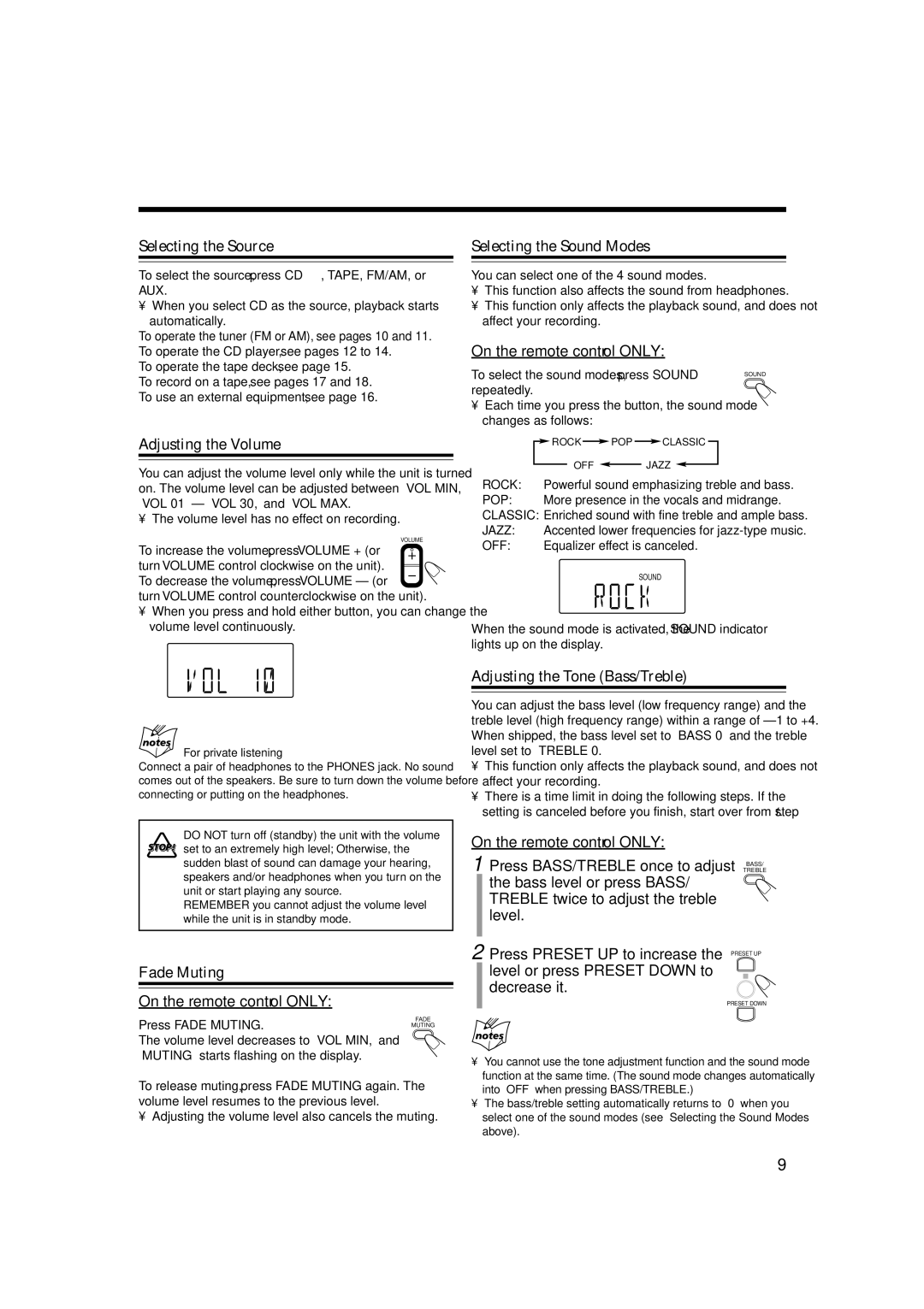 JVC CA-FSH100, SP-FSH100, FS-H100 manual Selecting the Source, Adjusting the Volume, Fade Muting, Selecting the Sound Modes 