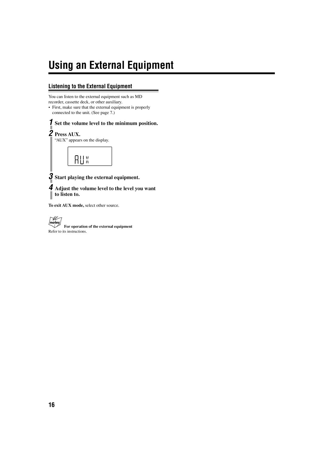 JVC SP-FSH100, FS-H100, CA-FSH100 manual Using an External Equipment, Listening to the External Equipment 