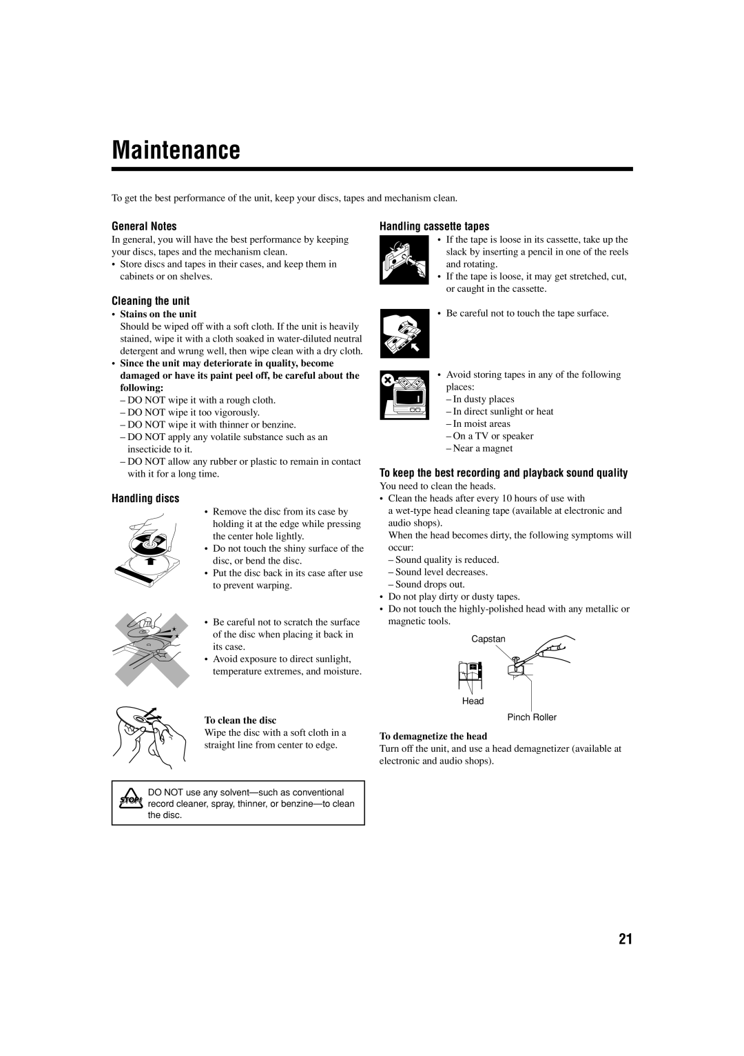 JVC CA-FSH100, SP-FSH100, FS-H100 manual Maintenance, Cleaning the unit, Handling discs, Handling cassette tapes 