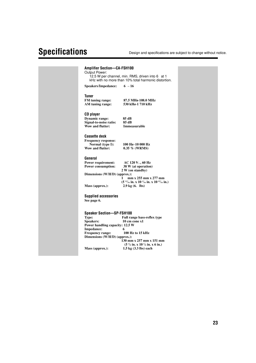 JVC FS-H100, SP-FSH100, CA-FSH100 manual Specifications 