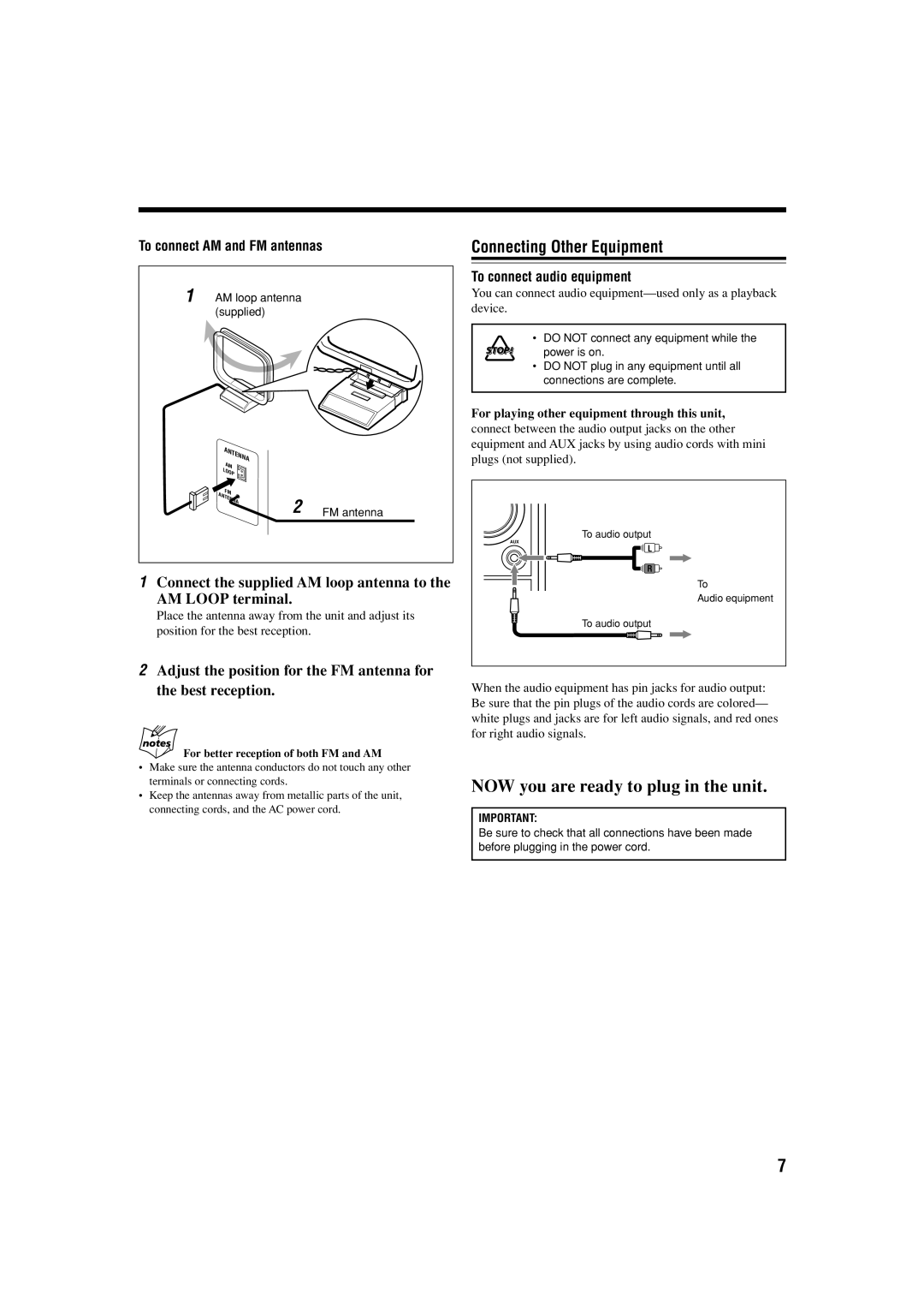 JVC SP-FSH100, FS-H100, CA-FSH100 manual Connecting Other Equipment, Connect the supplied AM loop antenna to AM Loop terminal 