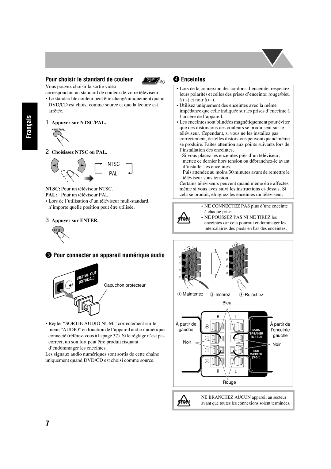 JVC SP-HXD77 manual ⁄ Enceintes, Pour connecter un appareil numérique audio, Appuyer sur NTSC/PAL Choisissez Ntsc ou PAL 