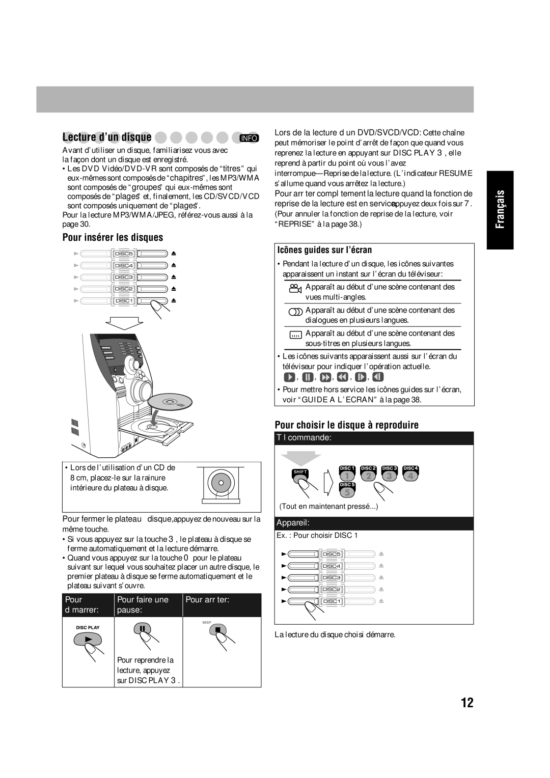 JVC CA-HXD77 Lecture d’un disque, Pour insérer les disques, Pour choisir le disque à reproduire, Icônes guides sur l’écran 