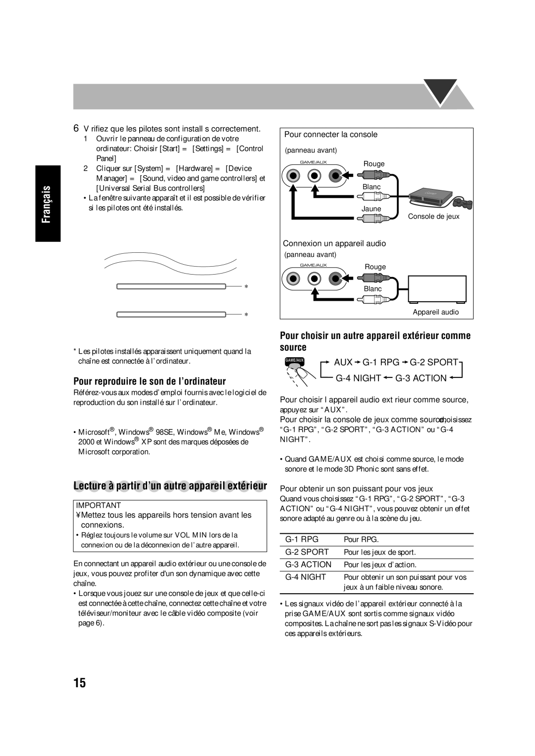 JVC SP-HXD77, CA-HXD77 manual Pour reproduire le son de l’ordinateur, Pour choisir un autre appareil extérieur comme source 