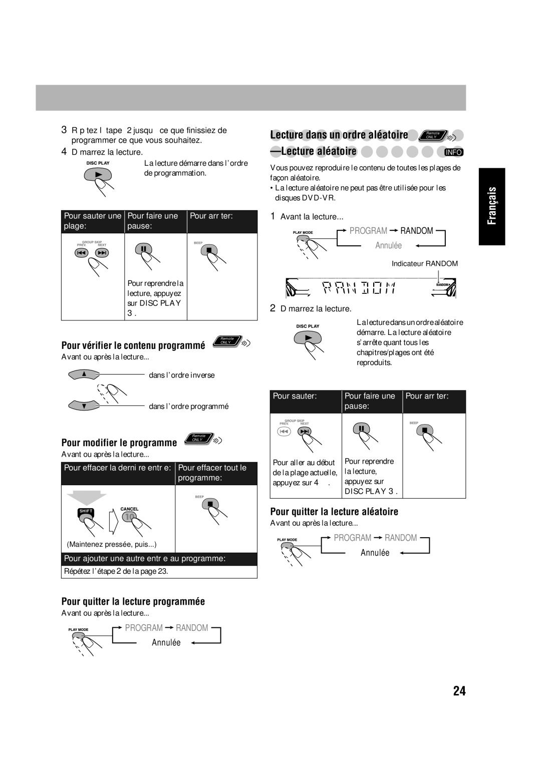 JVC CA-HXD77, SP-HXD77 Pour quitter la lecture programmée, Pour quitter la lecture aléatoire, Annulée, Avant la lecture 