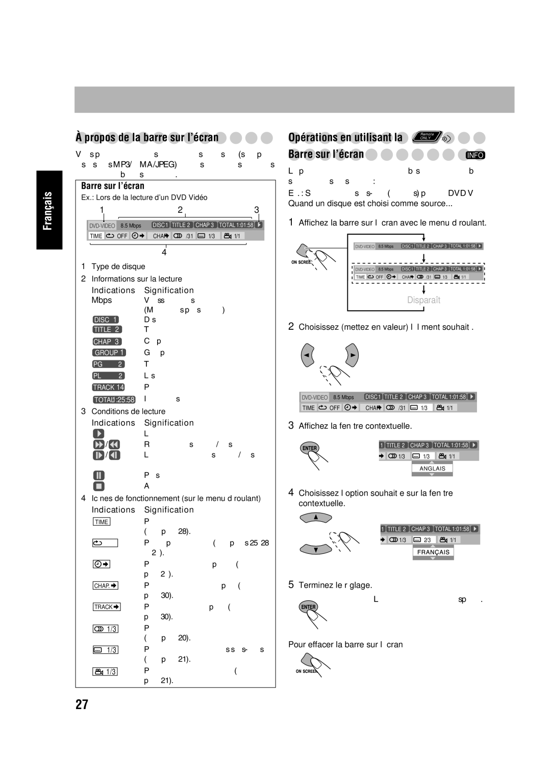 JVC SP-HXD77, CA-HXD77 manual Propos de la barre sur l’écran, Barre sur l’écran 