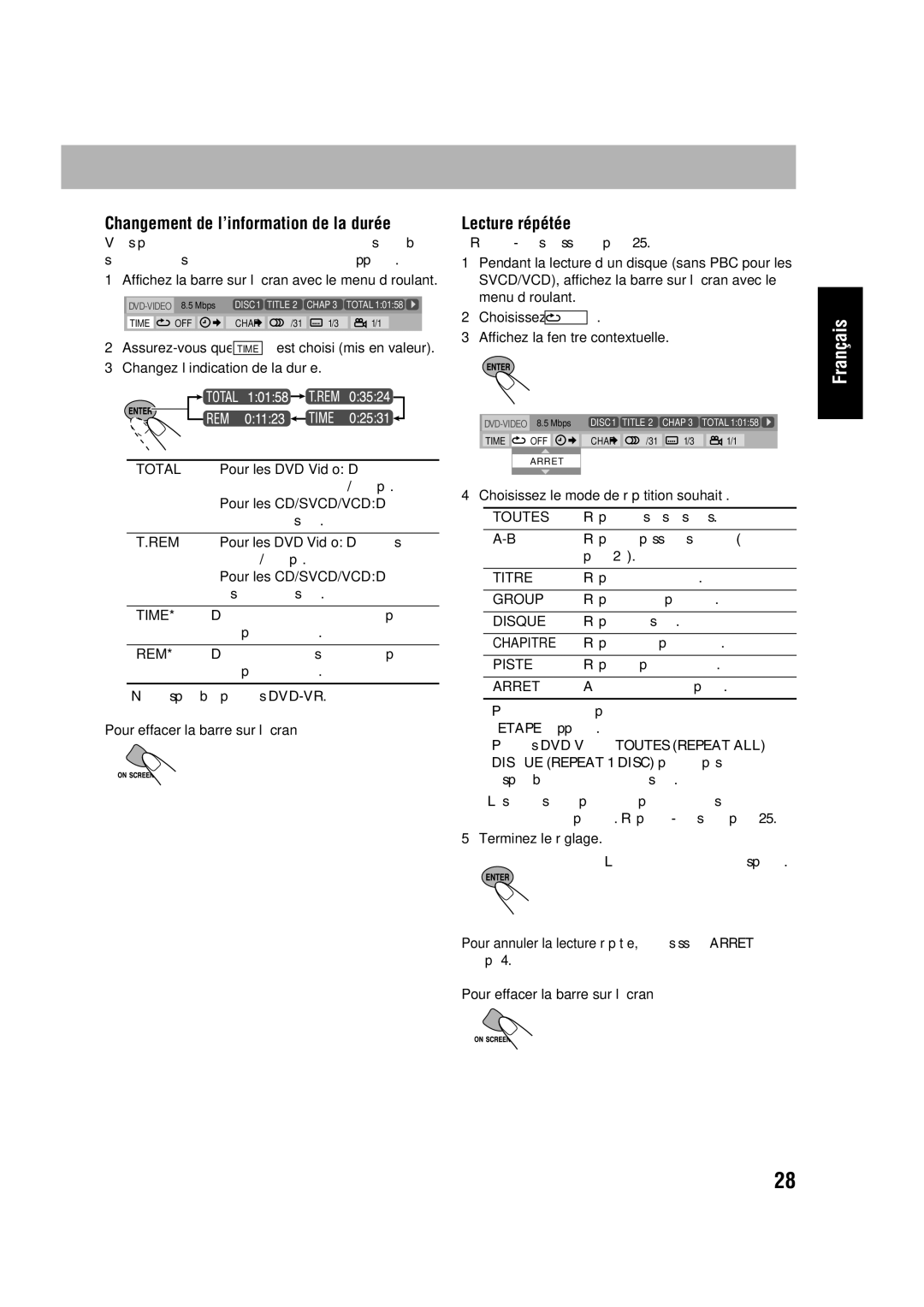 JVC CA-HXD77 manual Changement de l’information de la durée, Lecture répétée, Pour les CD/SVCD/VCD Durée restante du disque 