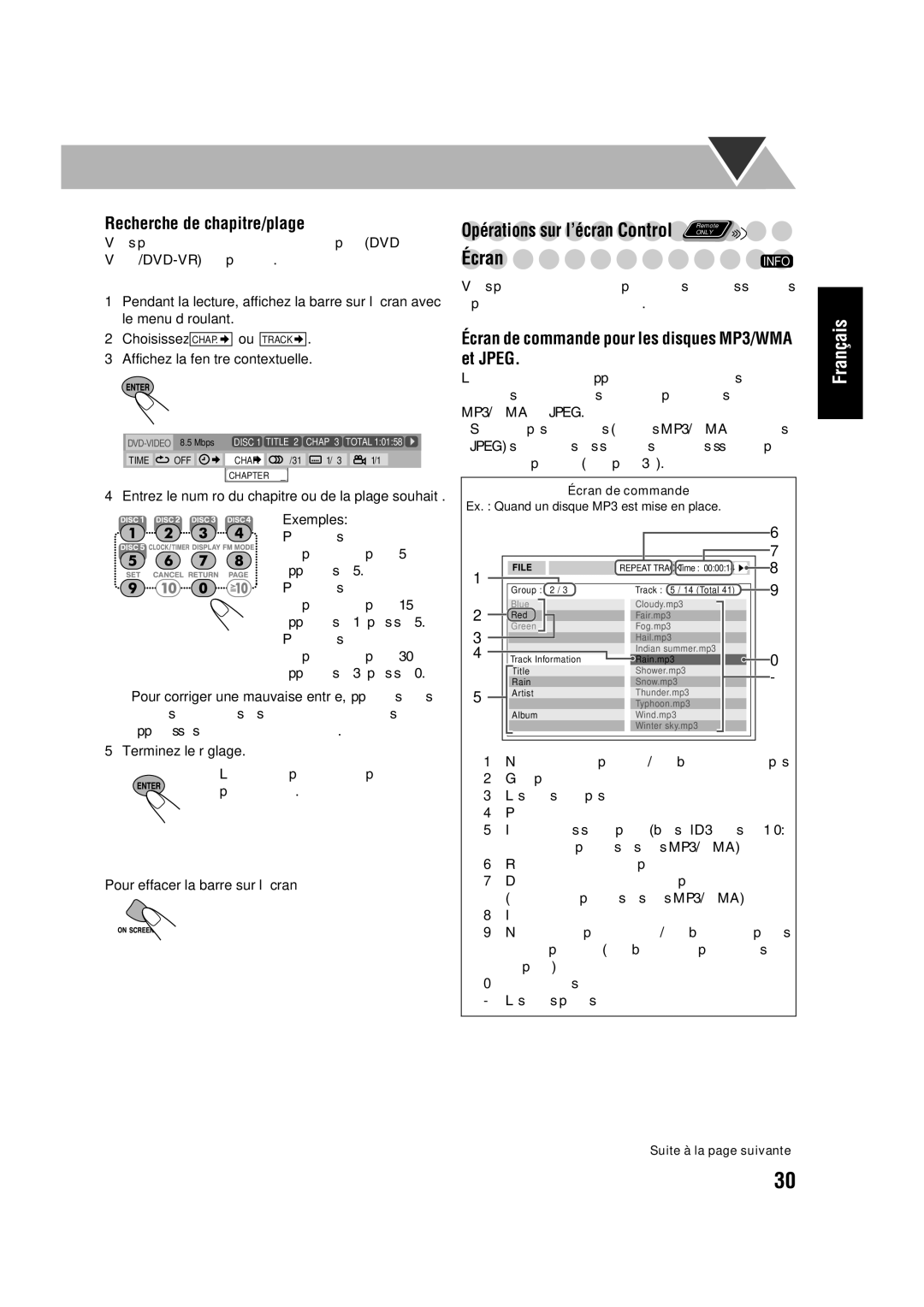 JVC CA-HXD77, SP-HXD77 manual Recherche de chapitre/plage, Écran de commande pour les disques MP3/WMA et Jpeg 